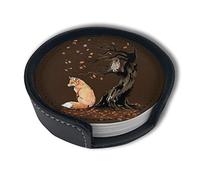 Vibiliyou 6PCS Trendy Coasters Owl and Fox Print Coasters with Holder Set,Round Mugs and Cups Mat Pad for Drinks as gifts for drinks and tabletop protection,ideal for housewarming and bar decor