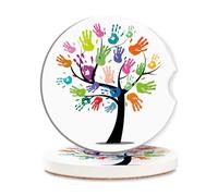 Vibiliyou A 2-Pack of Absorbent Ceramic Car Coasters for Women,Colorful Hand Prints of an Abstract Tree Design,Made for Car Cup Holders with an Anti-Slip Surface Ideal as Auto Accessories and Gifts