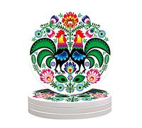 Vibiliyou A 4-Piece Set of Polish Folk Roosters Round Drinks Coasters,Made of Absorbent Ceramic Stone with a Cork Base,Perfect for Various Mugs,Cups,and Tabletop Protection