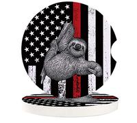 Vibiliyou A Set of 2 Perfect Car Accessories American Flag Car Coasters for Drinks,an Absorbent Ceramic,and Decorated with a Sloth on a Firefighter Flag with a Thin Red Line,Ideal for Car Cup Holders