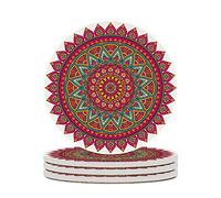 Vibiliyou A Set of 4 Dark Pink Round Ceramic Coasters with a National Style Pattern,an Absorbent Cork Base,Perfect for Drinks,Coffee Cups,and Glass Cups,Ideal for Table Use in Farmhouse or Home Decor
