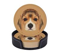 Vibiliyou A Set of 6 Cute Leather Coasters Featuring Beagle Dog Puppy Heads,Designed for Drinks and Including a Holder,Ideal as Drink Table Cup Coasters for Living Room,Kitchen and Coffee Table Decor