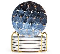 Vibiliyou Absorbent Coasters Blue Cube Coasters with Gold Holder Round Drink Coasters Set Farmhouse Beverage Stone Table Coasters Decorative Elegant Bar Coasters Modern Ceramic Coasters （ 6 Pcs）