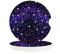 Vibiliyou Absorbent Night Ceramic Car Cup Holder Coasters,2 Piece Set,with Cork Base,Stars Pattern in Galaxury Style,Designed to Keep Your Car Clean and Dry