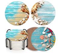 Vibiliyou Blue Shells Space Beach Wooden Coaster for Drinks Set of 6,with Cork Base and Metal Holder,Table Absorbent Round Ceramic Stone Mat, Gift for Housewarming Room Bar Decor