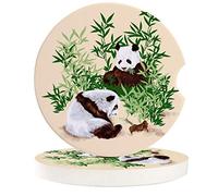Vibiliyou Car Accessories Easy Removal Durable Car Coasters for Drinks Set of 2 Pack,Cute Coasters Two Baby Panda Eatting Bamboo Absorbent Ceramics of Auto Cup Holders for Women Men