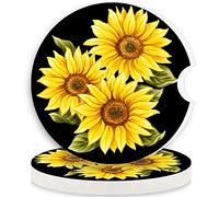 Vibiliyou Chalk SunflowersA 2-Pack of Absorbent Car Coasters for Drinks,263"Ceramic with a Finger Notch for Easy Removal,Non-Scratch Cork Base,Perfect as Auto Accessories for Women and Men