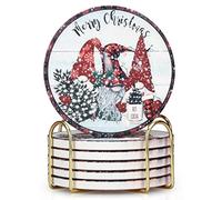 Vibiliyou Christmas Coasters 6 Pcs with Holder Absorbent Round Decorative Coasters Ceramic Gnome Coasters Cool Cup Coaster Drink Table Coasters Cute unique coasters