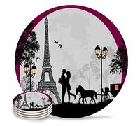 Vibiliyou Coasters A Set of 4 Absorbent Ceramic Stone Coasters,Decorated with a Lovers Carriage and Eiffel Tower Under the Moon Design 4 Inches and Featuring a Cork Base Ideal for Coffee,Wooden Tables