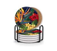 Vibiliyou Coasters for Drinks Tropical Bird of Paradise Absorbent Ceramic Set of 6,Coaster,Round Stone Mat,with Cork Base and Metal Holder for Room Bar Home Decor Housewarming Gifts