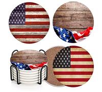 Vibiliyou Coasters Wooden American Flag Absorbent Round Ceramic Stone Mat,with Cork Base and Metal Holder,Coaster for Drinks Set of 6,Gift for Housewarming Room Bar Decor