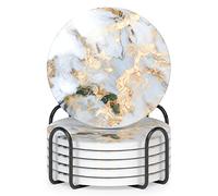 Vibiliyou Cute Stone Drink Coasters White Gray Gold Coasters for Drinks,Set of 6 Marble Absorbent Ceramic Coasters with Holder and Cork Base,for Cup Kitchen Home Decor Housewarming Gift,Round 4"
