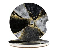 Vibiliyou Marble Golden Car Coasters for Drinks Absorbent,2 Pack Cup Holders,256" Ceramic Stone & Non-Scratch Cork Base Coasters,Auto Accessories for Women & Men