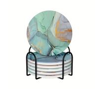Vibiliyou Marble Green Pattern Coasters for Drinks with Holder Set of 6,No Scratched and Soiled,Absorbent Ceramic Coasters with Cork Base