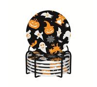 Vibiliyou Orange Coaster for Drinks Set of 6,Fall Halloween Pumpkin Bat Cartoon,with Cork Base and Metal Holder,Set of 6,Absorbent Round Ceramic Stone Mat,Gift for Housewarming Decor