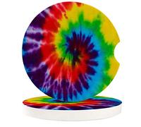 Vibiliyou Set of 2 Pack Easy Removal of Auto Cup Holders Ethnic Rainbow Car Coasters,Tie-dye Pattern Durable Absorbent Ceramics Car Accessories,Ideal for Housewarming,Kitchen and Bar Decor