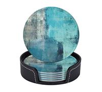 Vibiliyou Set of 6 Round Leather Coasters for Drinks,Featuring a Turquoise and Grey Artwork Pattern,Measuring 4"in Diameter,Including a Holder Ideal for Home Kitchen Decor,Housewarming Gifts