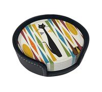 Vibiliyou Soft Coasters A Set of 6 Mid-Century Modern Art Cat Printed Leather Coasters,Heat Resistant and Designed as Round Cup Mat Pads Includes a Holder Stand for Tea Cups,Ideal for Home Decor