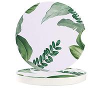 Vibiliyou Tropical Plants Green Pattern White background Car Coasters for Drinks-Set of 2 Pack,Durable Absorbent Ceramics Car Accessories Easy Removal of Auto Cup Holders for Women Men