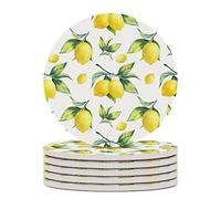 Vibiliyou Yellow Lime Tree Ceramic Coasters A Set of 6 Ceramic Round Drink Coasters Featuring Tropical Lemon Leaves and Designs,Perfect as a Housewarming Gift or for Home Decor