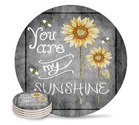 Vibiliyou YOU ARE MY SUNSHINE Sunflower Bee Ceramic Coasters for Drinks,4-Piece Set,YOU ARE MY SUNSHINE Sunflower Bee,Marble Pretty Absorbent Round Ceramics Cork Backed Cup Mat Housewarming Gift