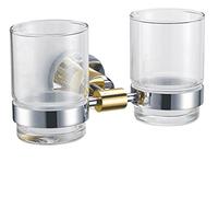 VIBORG Luxury Brass Wall Mounted Double Toothbrush Cup Tumbler Holder with 2 Tempered Glass Toothbrush Cups, Chrome + 24K Gold, (Double toothbrush cup with holder)