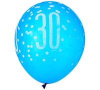 Vibrant 30th Glitz Latex Balloons in Light Blue, Royal Blue, & White (30cm) - Perfect for Parties, Celebrations & Events - 6ct