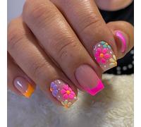 Vibrant 3D Floral Artificial Nails with Glossy Finish - Short Square French Tip False Nails in Bright Pink Purple Mint Green for Women DIY Manicure Set, Translucent Nude Base & Neon Accents
