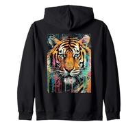 Vibrant Abstract Paint Splatter Tiger Face Art Zip Hoodie