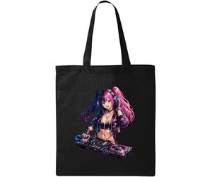 Vibrant Anime Female DJ Portrait Natural Cotton Tote Bag Black