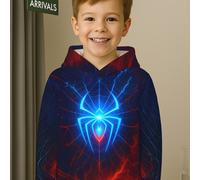 (Vibrant Blue, 7-8Y) Boys Glow-in-the-Dark Spider Hoodie - Glow-in-the-Dark Spider Graphic, Neon Blue & Red Web Print Hooded Superhero for Halloween,