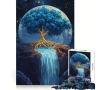Vibrant Blue Golden Tree Waterfall Adults 1000 Piece Jigsaw Puzzle Analytical Skill Soft Distraction Tight Join Cozy Xmas Gift (38x26cm)