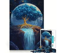 Vibrant Blue Golden Tree Waterfall Jigsaw Puzzles 1000 Pieces Focus Boost Fun Laser Cut for Flawless Fit Bonding Activity for Loved Ones (38x26cm)