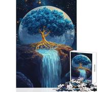 Vibrant Blue Golden Tree Waterfall Jigsaw Puzzles for Adults1000 Piece Strengthen Mental Endurance And Stamina Calm Stress Free Playtime (38X52cm)