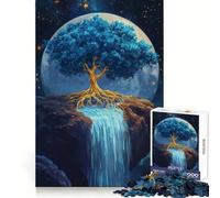 Vibrant Blue Golden Tree Waterfall Jigsaw Puzzles for Teenagers 1000 Piece Improve Memory Soft Distraction Laser Cut Thoughtful Gift (38x52cm)