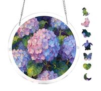 Vibrant Blue Pink Hydrangea Art Round Acrylic Jigsaw Puzzle 7.8x7.8Inch for Home Decor Wall Art Ornament, Creative Hobby Gift