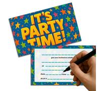 Vibrant Blue Star Party Invitation Cards with 3D Text IT'S PARTY TIME - 20 Pack Customisable Kids Birthday Invites for Boys Girls Celebrations Football Theme Fill-in Details
