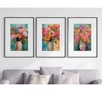 Vibrant Bouquets Set of 3 Unframed Wall Poster Prints, Beautiful Flower Painting Textures, Bathroom Bedroom Lounge Kitchen Office Home Décor, Bright Flowers Roses Peonies, Pink Orange Blue (A3)