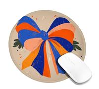 Vibrant Bow Desk Mouse Pad, Blue with Orange Decorative Stitched Edge Mousepad, Rubber Non-Slip Washable Gaming Mouse Pad for Home and Office Computer, Laptop Round 8x8 Inch