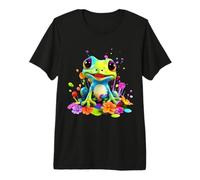 Vibrant Cartoon Frog with Flowers and Paint Splashes Premium T-Shirt