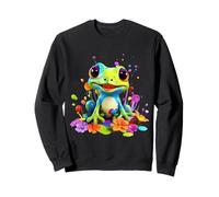 Vibrant Cartoon Frog with Flowers and Paint Splashes Sweatshirt
