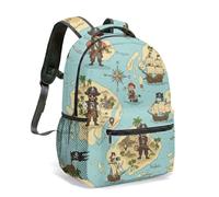 Vibrant Cartoon Pirate Adventure Map 16 Inch Backpack Nautical Treasure Ship Island Print Tropical Voyage Nautical Bag (01)