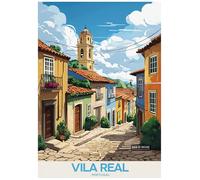 Vibrant Cartoonish Street Scene In Vila Real Portugal - Retro Europe Travel Poster A4 Size Vintage Wall Art Print of Famous European Destinations Ideal for Home or Office Decor