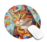 Vibrant Cat and Fish Art Mouse Pad, Colorful Abstract Design Stitched Edge Mousepad, Rubber Non-Slip Washable Gaming Mouse Pad for Home and Office Computer, Laptop Round 8x8 Inch