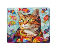 Vibrant Cat and Fish Art Mouse Pad, Colorful Abstract Design Stitched Edge Mousepad, Rubber Non-Slip Washable Gaming Mouse Pad for Home and Office Computer, Laptop Square 8x10 Inch
