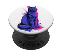Vibrant Cat Art Blue Pink Cyberpunk Style Design PopSockets Adhesive PopGrip