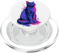 Vibrant Cat Art Blue Pink Cyberpunk Style Design PopSockets PopGrip for MagSafe