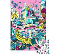 Vibrant Cityscape with Tiger And People Jigsaw Puzzle 1000 Pieces, Downtown Architecture at Night, Matte Printed Jigsaw for Travel Lovers, Mindful Activity, Gift Idea, 70x50cm/1000pcs