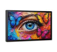 Vibrant Colorful Butterflies Blue Eye Wall Art, Impasto Textured Surreal Portrait Canvas Printed Posters, Modern Art for Living Room Bedroom Studio Home Decor Black Frame 24x36in
