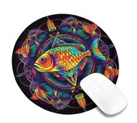 Vibrant Colorful Fish Mandala Mouse Pad, Rainbow Ocean Design Non-Slip Washable Gaming Mousepad for Home and Office, Summer Coastal Style Desk Accessory Round 8x8 Inch